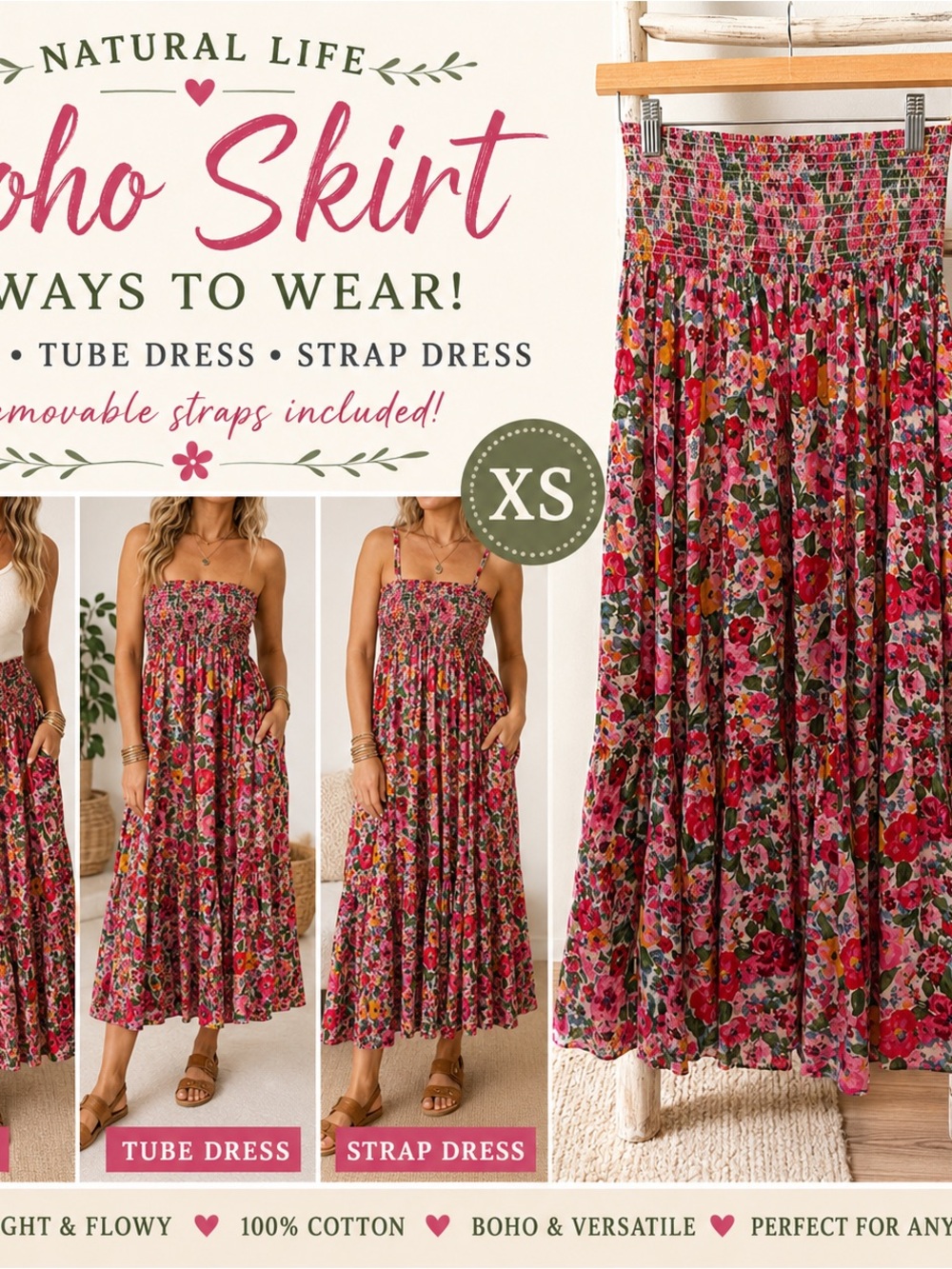 Natural Life Convertible Floral Maxi Skirt Strapless Dress Removable Straps XS - Picture 2 of 9